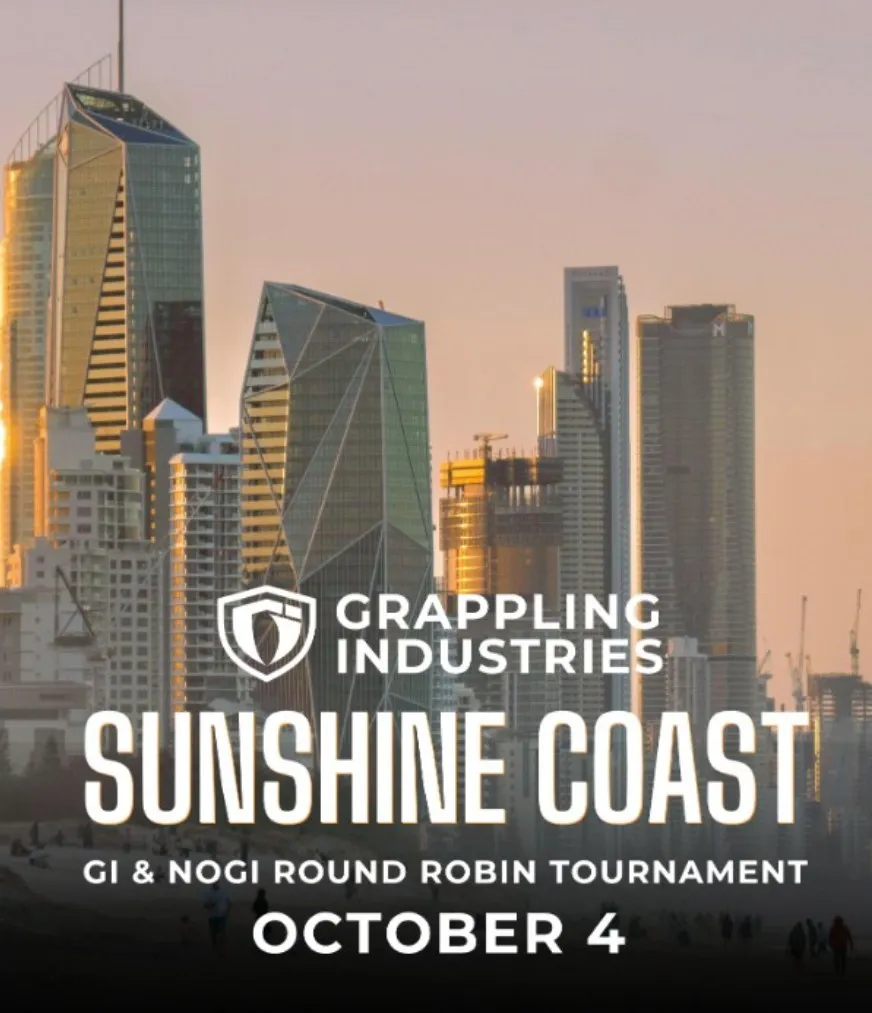 Grappling Industries Sunshine Coast event poster: gi and no-gi round robin tournament, October 4, over a photograph of the Sunshine Coast skyline at sunset